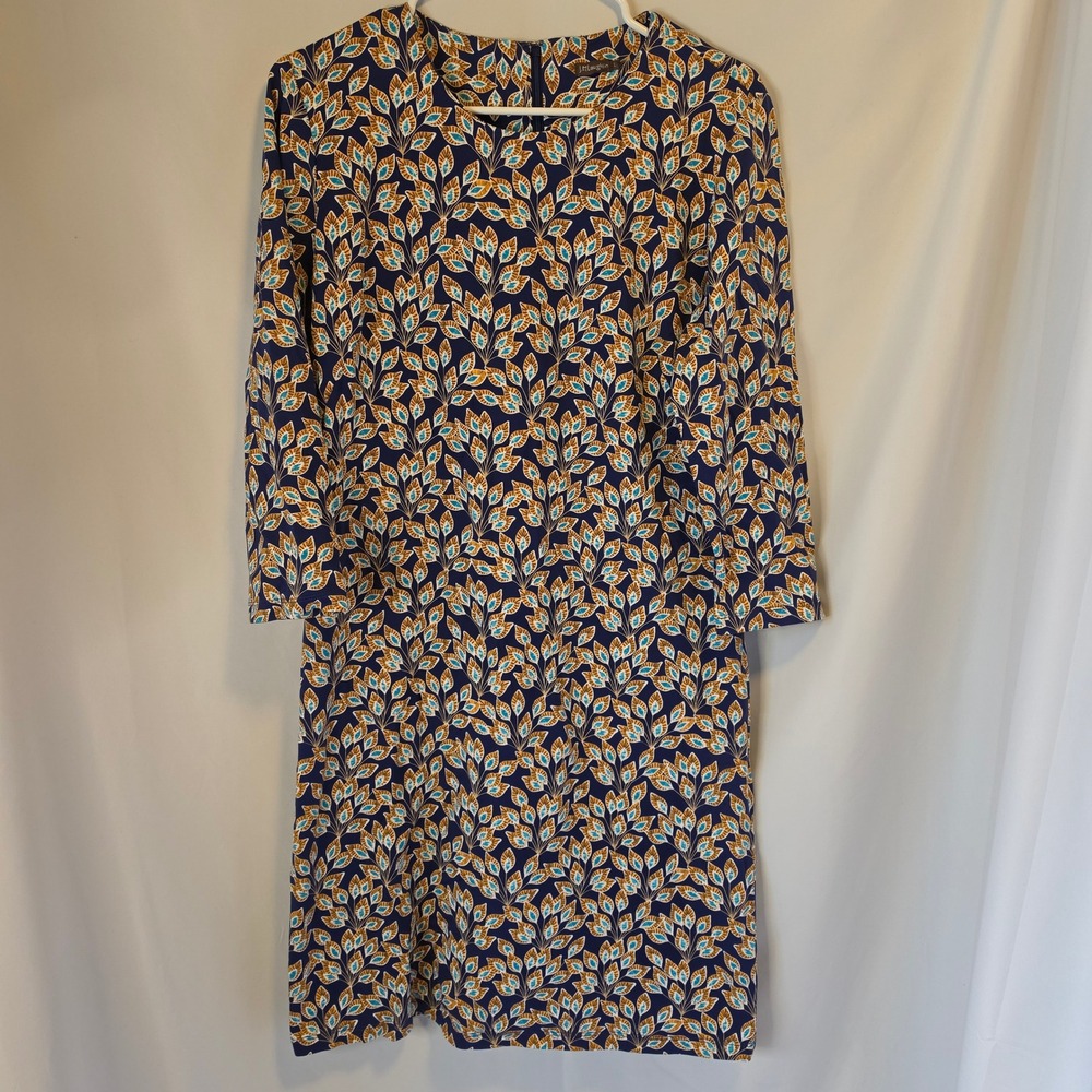 J.McLaughlin Shift Dress Large Navy Blue Orange Leaf Coastal Catalina Cloth